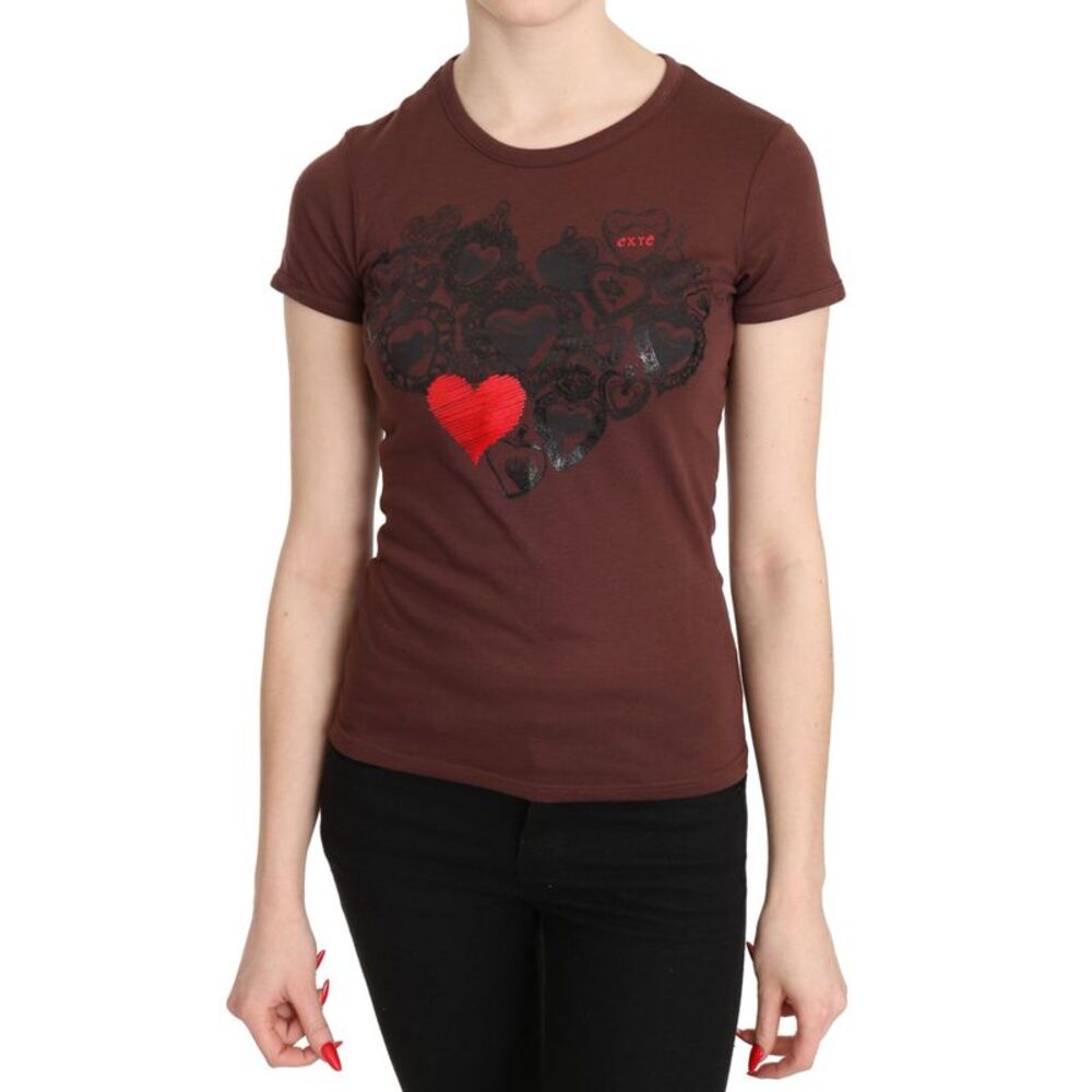 Exte Brown Hearts Printed Round Neck T-shirt Women's Top